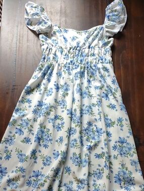 White Floral Midi Dress with Blue Flower Print